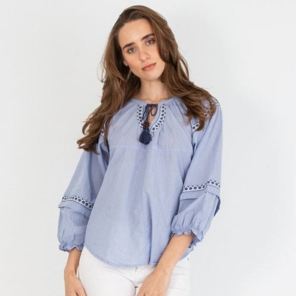 Hatley Naomi Boho Tie Neck Blouse XS Embroidered Puff Sleeve